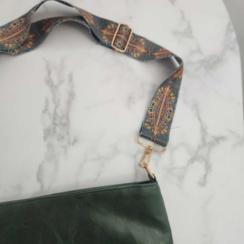Unisex Army Green Tote Bag with Patterned Boho Strap - Picture 5 of 16